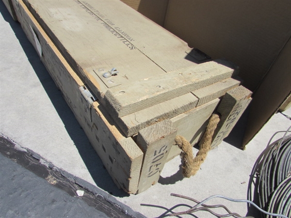 2 VINTAGE WOODEN AMMO CRATES/BOXES WITH ASST HARDWARE, PARTS & MORE