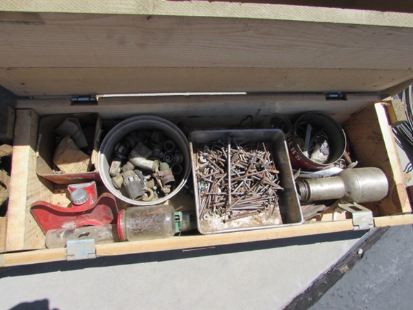 2 VINTAGE WOODEN AMMO CRATES/BOXES WITH ASST HARDWARE, PARTS & MORE