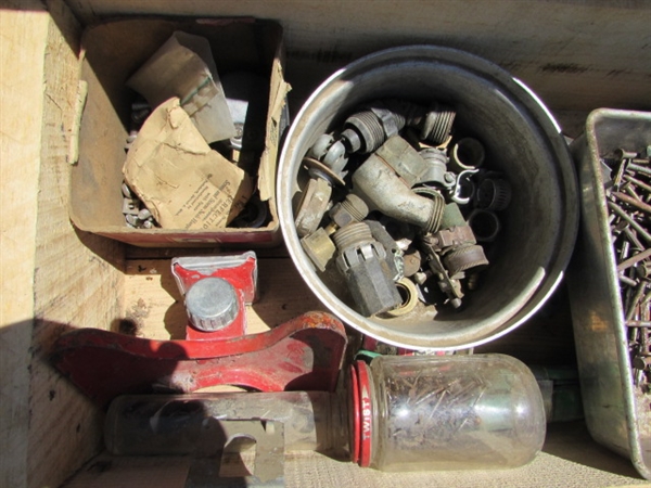 2 VINTAGE WOODEN AMMO CRATES/BOXES WITH ASST HARDWARE, PARTS & MORE