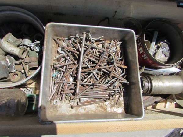 2 VINTAGE WOODEN AMMO CRATES/BOXES WITH ASST HARDWARE, PARTS & MORE