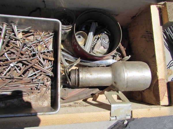 2 VINTAGE WOODEN AMMO CRATES/BOXES WITH ASST HARDWARE, PARTS & MORE
