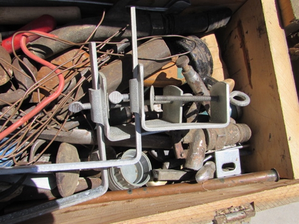 2 VINTAGE WOODEN AMMO CRATES/BOXES WITH ASST HARDWARE, PARTS & MORE