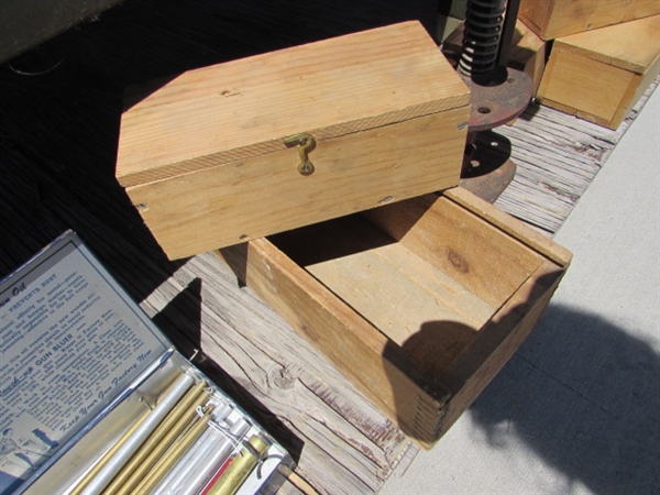 RELOADING TOOLS, EMPTY WOODEN BOXES & MORE