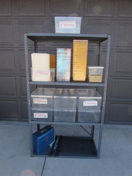METAL SHELVING UNIT W/STORAGE BINS & MORE