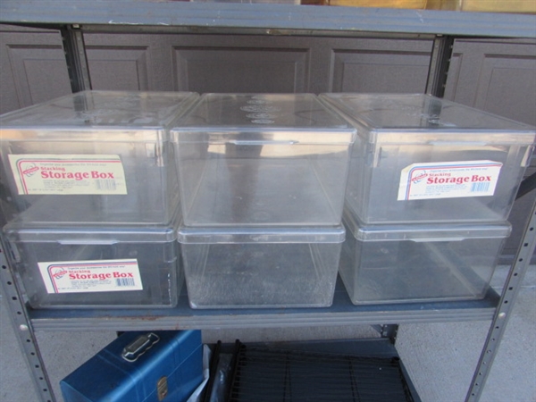 METAL SHELVING UNIT W/STORAGE BINS & MORE