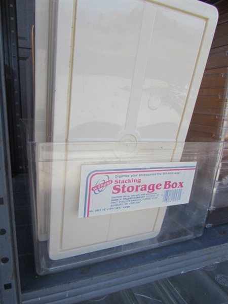 METAL SHELVING UNIT W/STORAGE BINS & MORE
