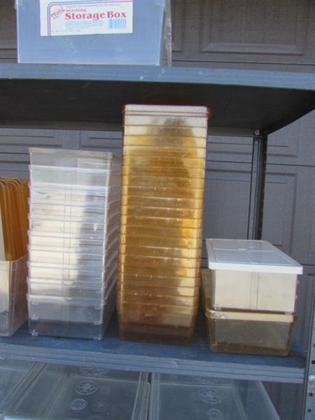 METAL SHELVING UNIT W/STORAGE BINS & MORE