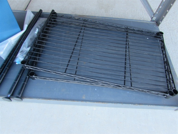 METAL SHELVING UNIT W/STORAGE BINS & MORE