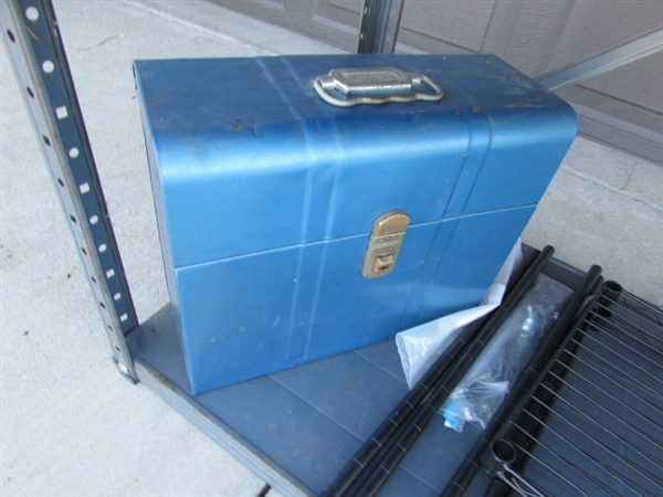 METAL SHELVING UNIT W/STORAGE BINS & MORE