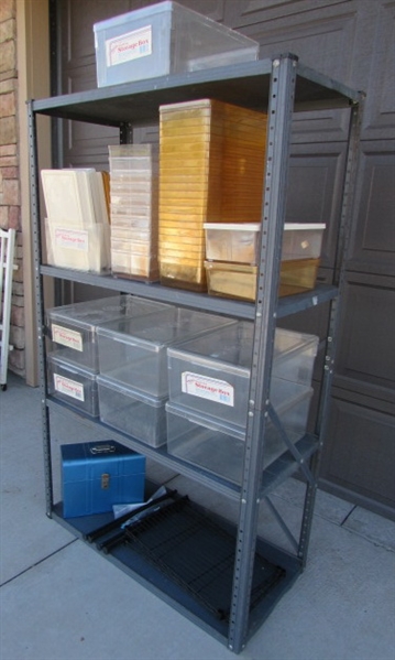 METAL SHELVING UNIT W/STORAGE BINS & MORE