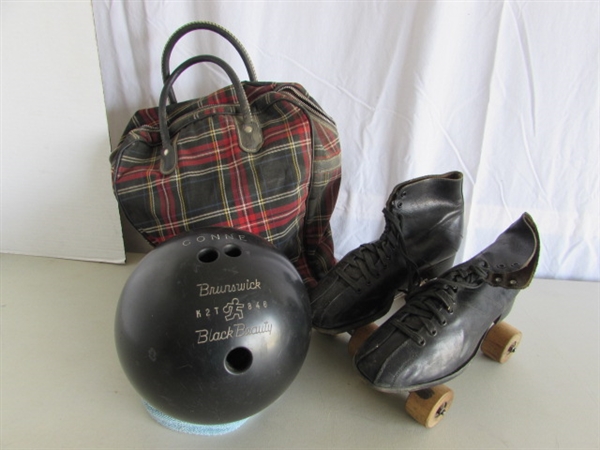 VINTAGE ROLLER SKATES WOODEN WHEELS & BOWLING BALL W/CARRYING CASE