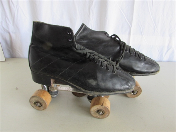 VINTAGE ROLLER SKATES WOODEN WHEELS & BOWLING BALL W/CARRYING CASE