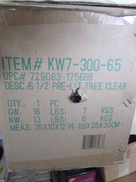 6.5' PRE LIT (CLEAR) ARTIFICIAL CHRISTMAS TREE & ASSORTED ORNAMENTS