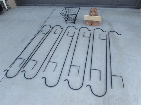 CARVED WOODEN BEAR, METAL PLANTER & 11 SHEPHERDS HOOKS