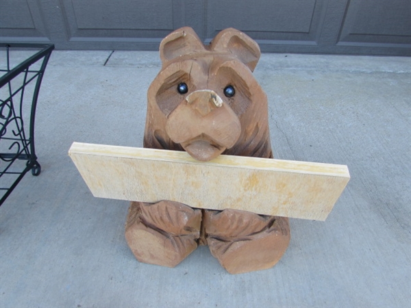 CARVED WOODEN BEAR, METAL PLANTER & 11 SHEPHERDS HOOKS