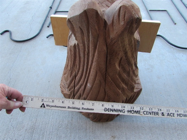 CARVED WOODEN BEAR, METAL PLANTER & 11 SHEPHERDS HOOKS