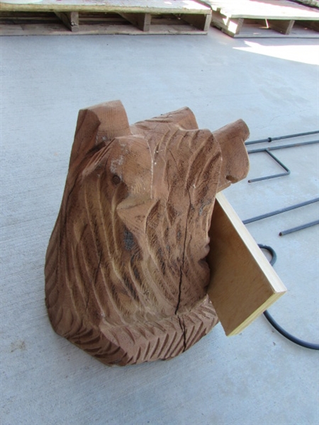 CARVED WOODEN BEAR, METAL PLANTER & 11 SHEPHERDS HOOKS