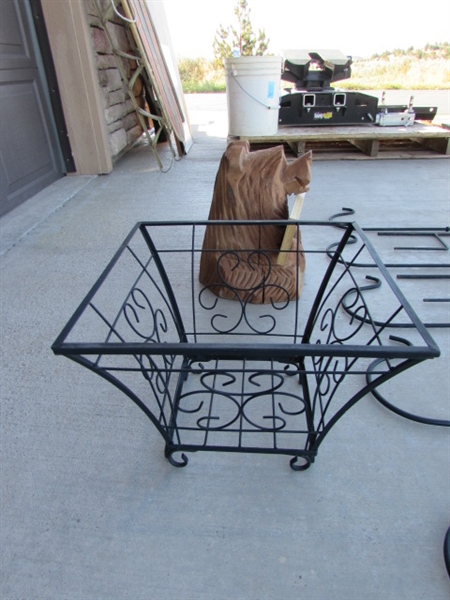 CARVED WOODEN BEAR, METAL PLANTER & 11 SHEPHERDS HOOKS