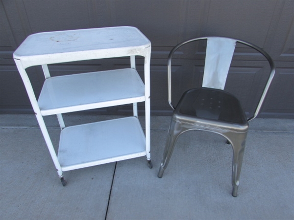 METAL CHAIR & VINTAGE 3-TIER ROLLING CART