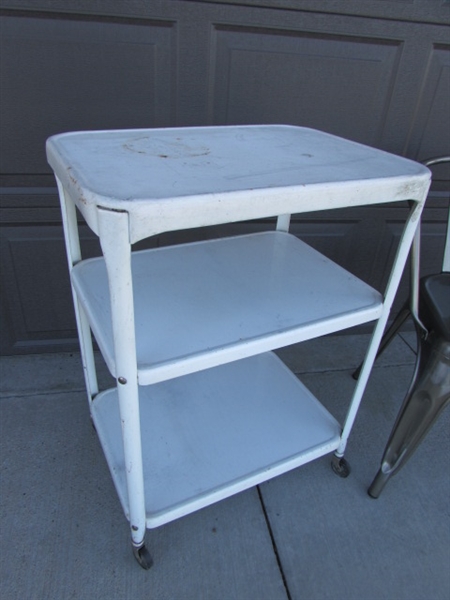 METAL CHAIR & VINTAGE 3-TIER ROLLING CART