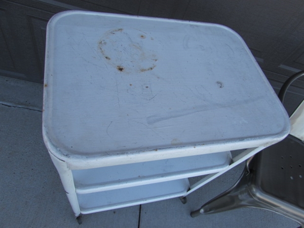 METAL CHAIR & VINTAGE 3-TIER ROLLING CART