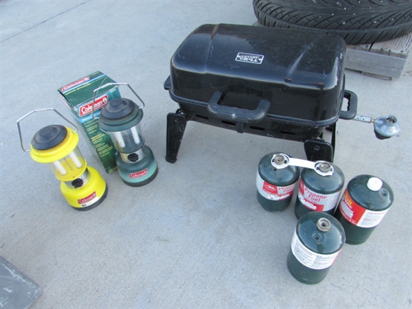BATTERY POWERED LANTERNS, PROPANE BBQ & PROPANE BOTTLES (EMPTY)