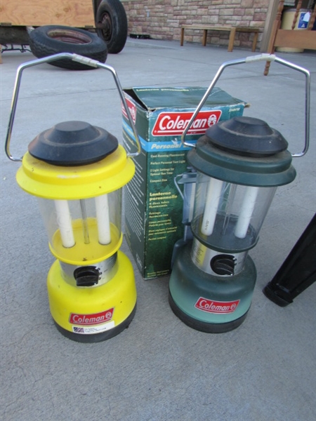 BATTERY POWERED LANTERNS, PROPANE BBQ & PROPANE BOTTLES (EMPTY)