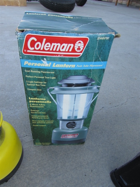 BATTERY POWERED LANTERNS, PROPANE BBQ & PROPANE BOTTLES (EMPTY)