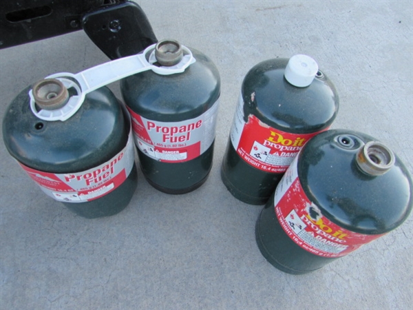 BATTERY POWERED LANTERNS, PROPANE BBQ & PROPANE BOTTLES (EMPTY)