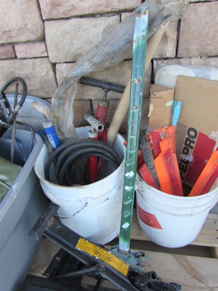 ASSORTMENT OF AUTOMOTIVE ITEMS, FENDER BLANKETS, GREASE GUNS & MORE