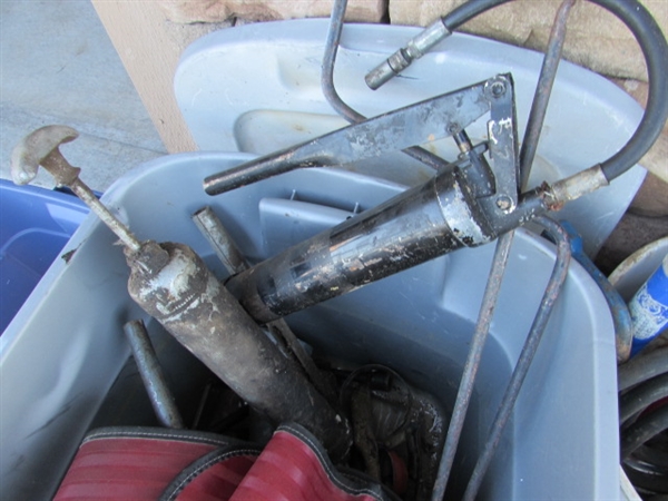 ASSORTMENT OF AUTOMOTIVE ITEMS, FENDER BLANKETS, GREASE GUNS & MORE