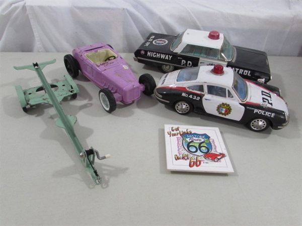 VINTAGE METAL POLICE CARS, HOT ROD, TRAILER & A CERAMIC ROUTE 66 COASTER