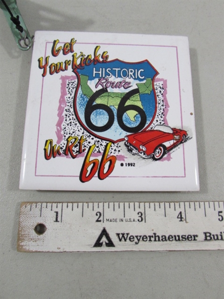 VINTAGE METAL POLICE CARS, HOT ROD, TRAILER & A CERAMIC ROUTE 66 COASTER