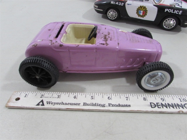 VINTAGE METAL POLICE CARS, HOT ROD, TRAILER & A CERAMIC ROUTE 66 COASTER