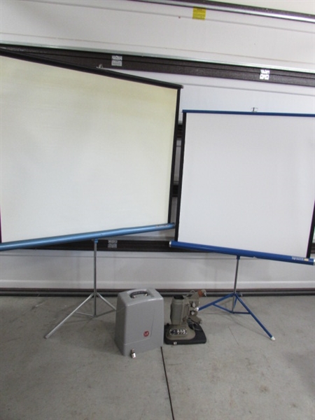 2 PROJECTOR SCREENS & DeJUR 8mm MOVIE PROJECTOR