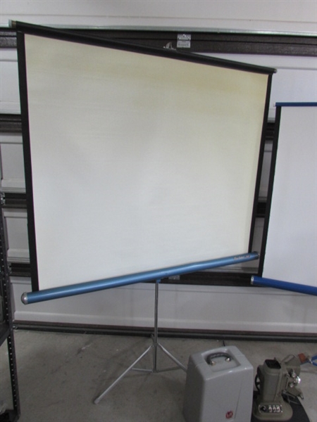 2 PROJECTOR SCREENS & DeJUR 8mm MOVIE PROJECTOR