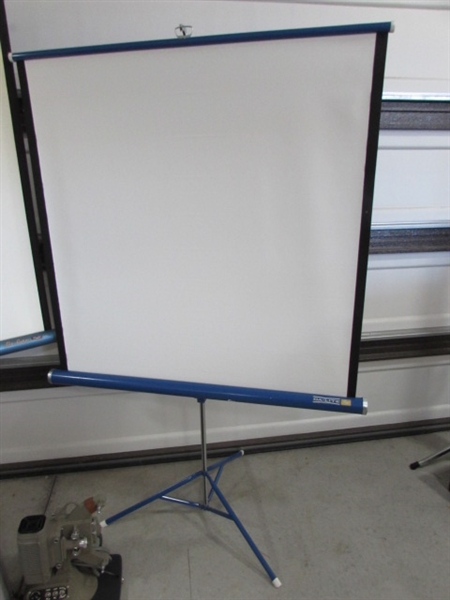 2 PROJECTOR SCREENS & DeJUR 8mm MOVIE PROJECTOR