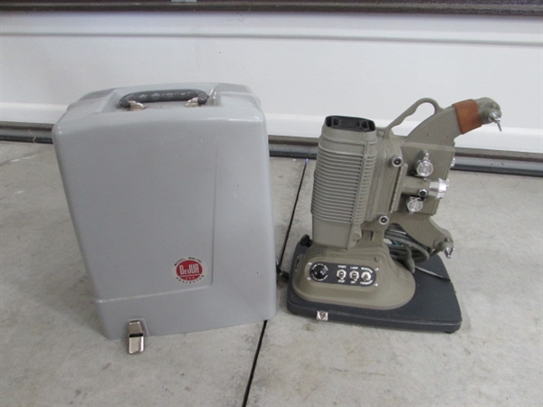 2 PROJECTOR SCREENS & DeJUR 8mm MOVIE PROJECTOR