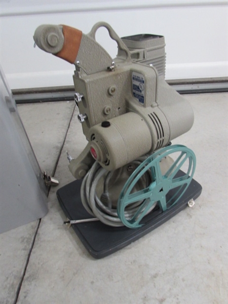 2 PROJECTOR SCREENS & DeJUR 8mm MOVIE PROJECTOR