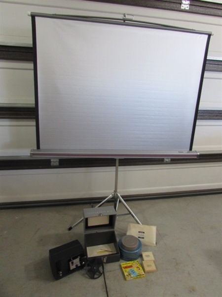 DA-LITE PROJECTOR SCREEN & KODAK SUPER 8 INSTAMATIC M50 PROJECTOR & FILM REELS