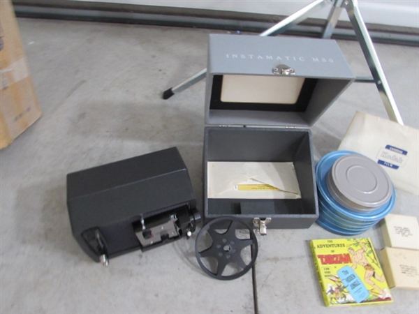 DA-LITE PROJECTOR SCREEN & KODAK SUPER 8 INSTAMATIC M50 PROJECTOR & FILM REELS