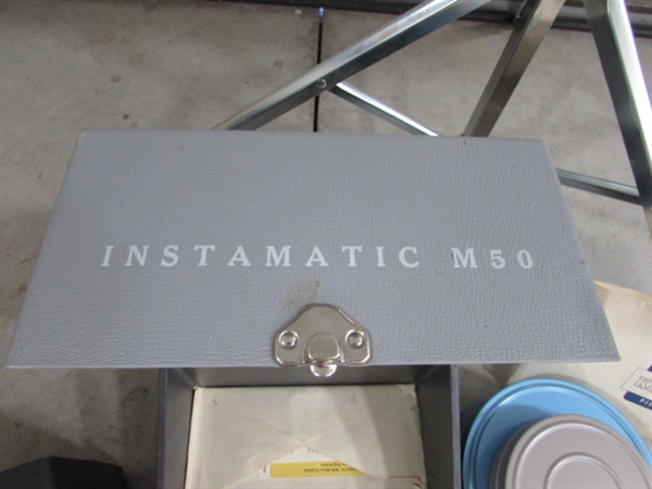 DA-LITE PROJECTOR SCREEN & KODAK SUPER 8 INSTAMATIC M50 PROJECTOR & FILM REELS