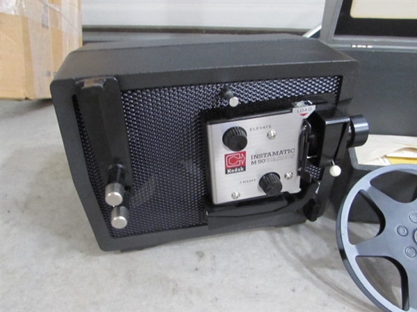 DA-LITE PROJECTOR SCREEN & KODAK SUPER 8 INSTAMATIC M50 PROJECTOR & FILM REELS