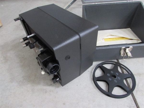 DA-LITE PROJECTOR SCREEN & KODAK SUPER 8 INSTAMATIC M50 PROJECTOR & FILM REELS