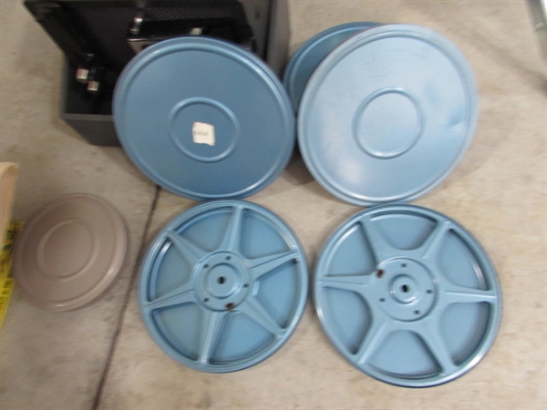 DA-LITE PROJECTOR SCREEN & KODAK SUPER 8 INSTAMATIC M50 PROJECTOR & FILM REELS
