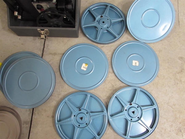 DA-LITE PROJECTOR SCREEN & KODAK SUPER 8 INSTAMATIC M50 PROJECTOR & FILM REELS