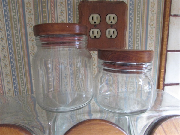 WOOD & GLASS ASSORTMENT OF KITCHEN CANISTERS, TEA PITCHER & 2 KNIFE BLOCKS