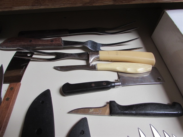 ASSORTMENT OF KITCHEN KNIVES & SHARPENING STONE