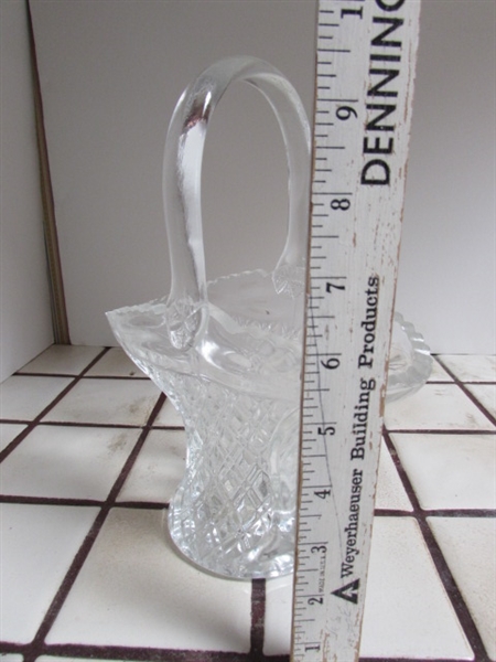 VINTAGE LEAD CRYSTAL LOTUS BOWL, DEPRESSED GLASS SERVING PLATTER, BOTTLES & FINE CHINA