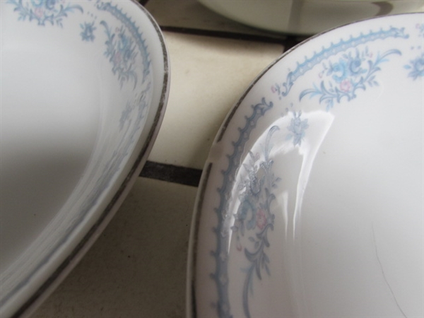 VINTAGE LEAD CRYSTAL LOTUS BOWL, DEPRESSED GLASS SERVING PLATTER, BOTTLES & FINE CHINA